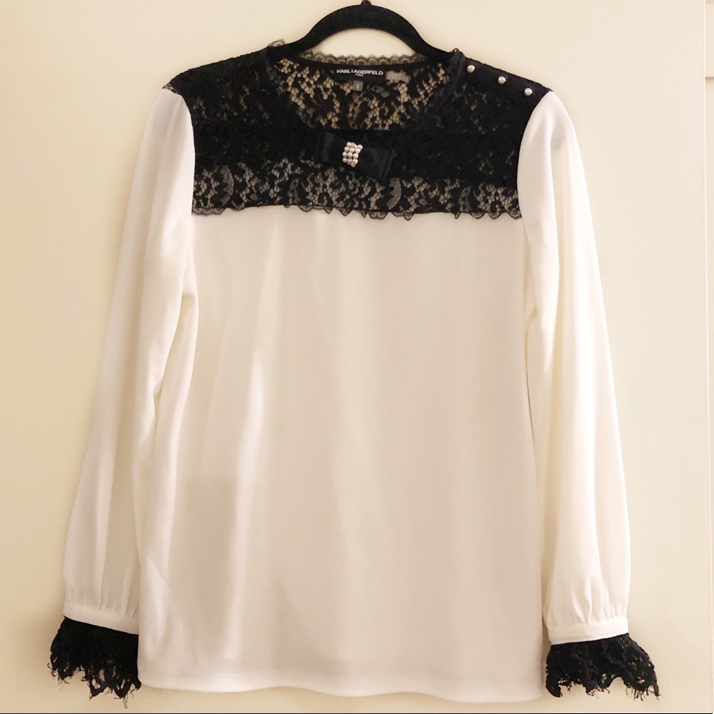 Karl Lagerfeld Long Sleeve Black White Lace Blouse